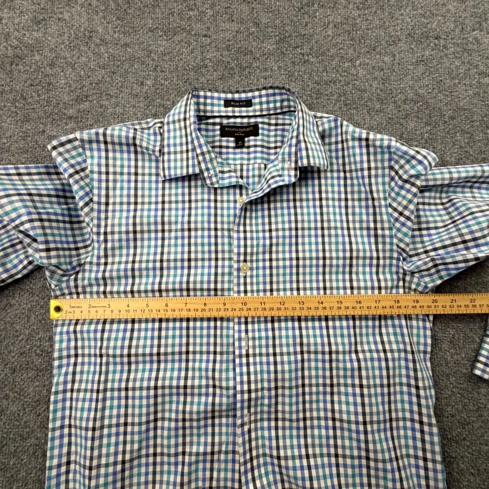Banana Republic Mens Slim Fit Non-Iron Plaid Button Up Shirt Blue White Size M